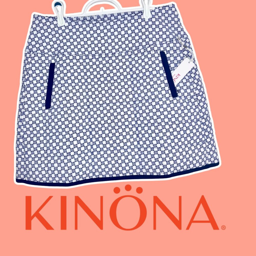 KINONA Quilted & Cozy Golf Skort L Navy White Print UPF 50 Built-in Shorts